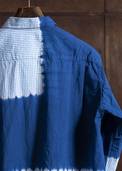 SUZUSAN Cotton Gingham Check Overshirt Boushi Shibori Block 4063C-317-Dark Blue - Sky Blue