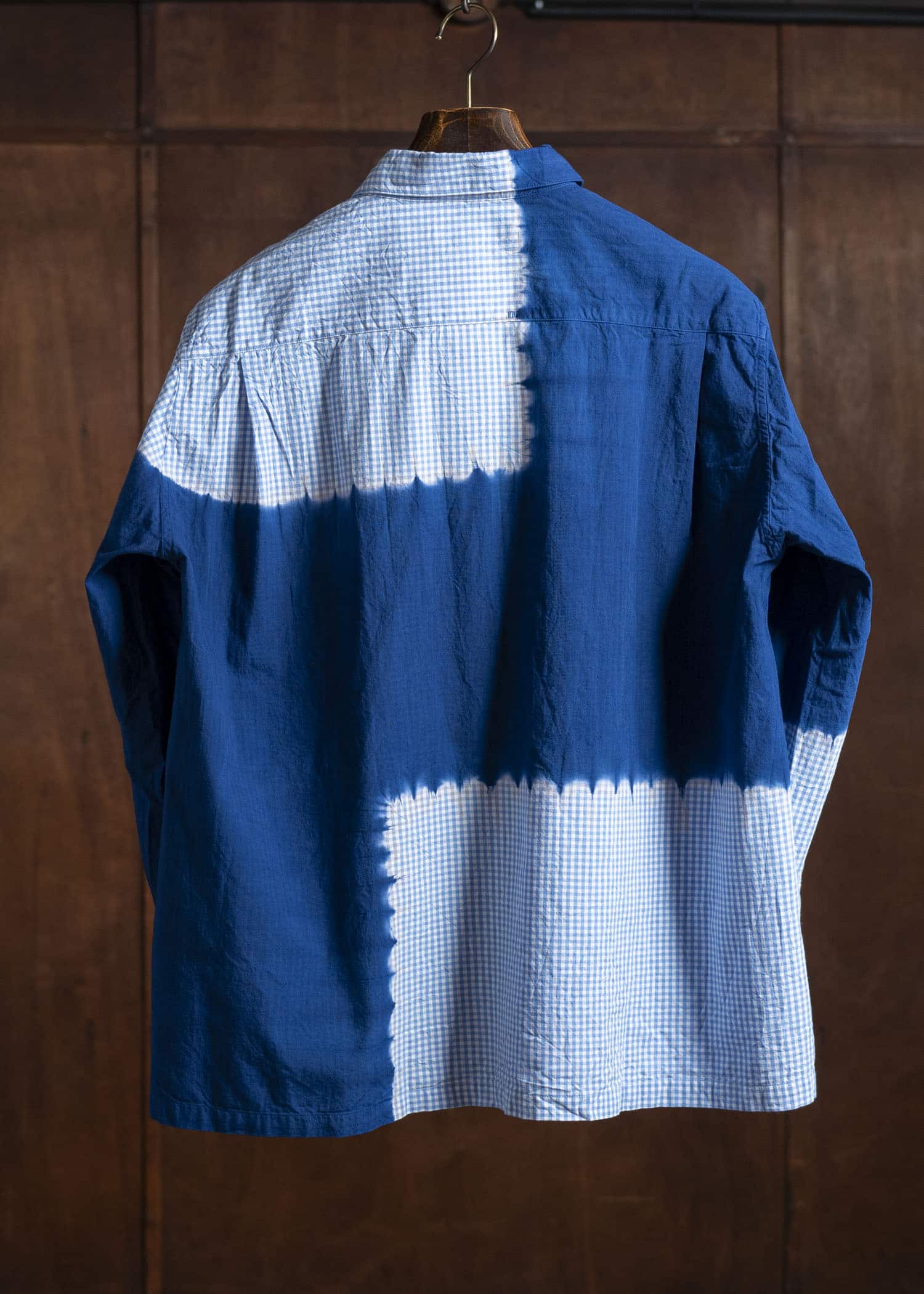 SUZUSAN Cotton Gingham Check Overshirt  Boushi Shibori Block 4063C-317-Dark Blue - Sky Blue