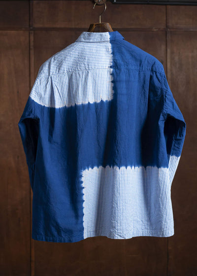 SUZUSAN Cotton Gingham Check Overshirt Boushi Shibori Block 4063C-317-Dark Blue - Sky Blue
