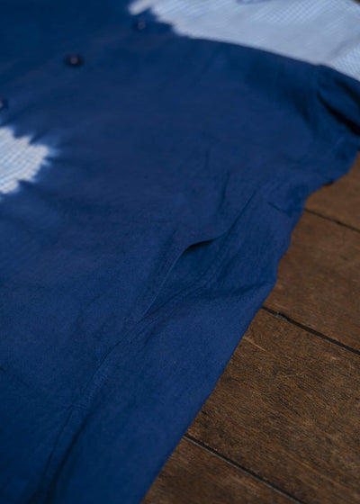 SUZUSAN Cotton Gingham Check Overshirt Boushi Shibori Block 4063C-317-Dark Blue - Sky Blue