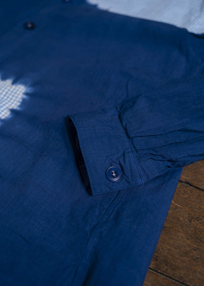 SUZUSAN Cotton Gingham Check Overshirt Boushi Shibori Block 4063C-317-Dark Blue - Sky Blue