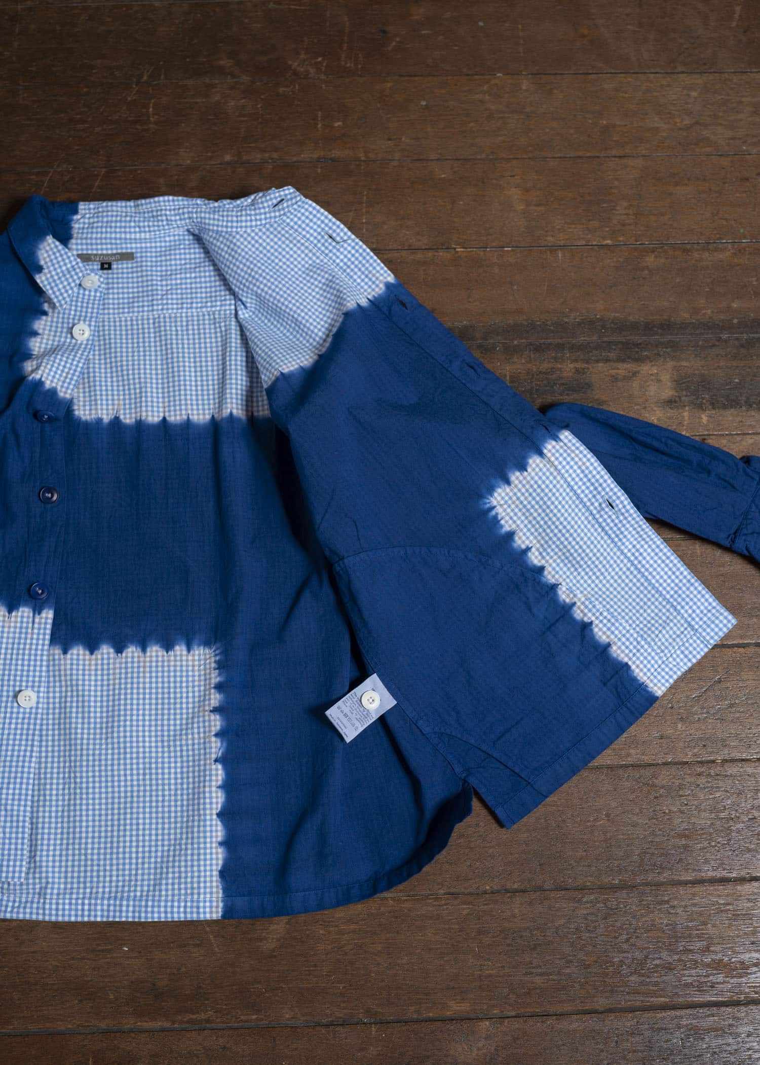 SUZUSAN Cotton Gingham Check Overshirt  Boushi Shibori Block 4063C-317-Dark Blue - Sky Blue