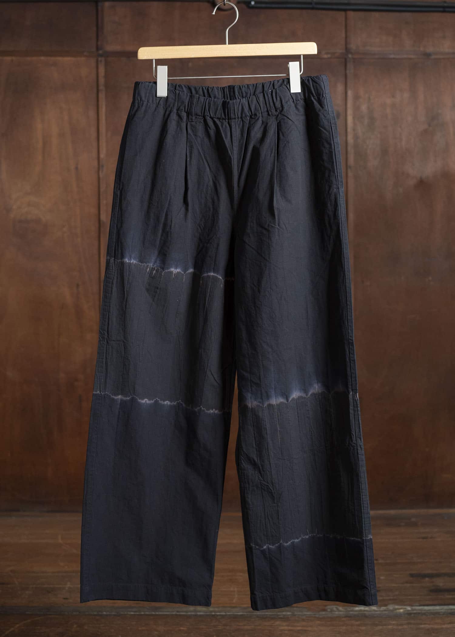 SUZUSAN Cotton Broad Wide Drawstring Pants. Boushi Shibori Block 5045C-317-Black - Black