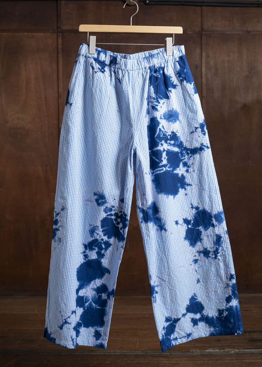 SUZUSAN Cotton Gingham Check Wide Easy Pants 5043C-010-Dark Blue - Sky Blue