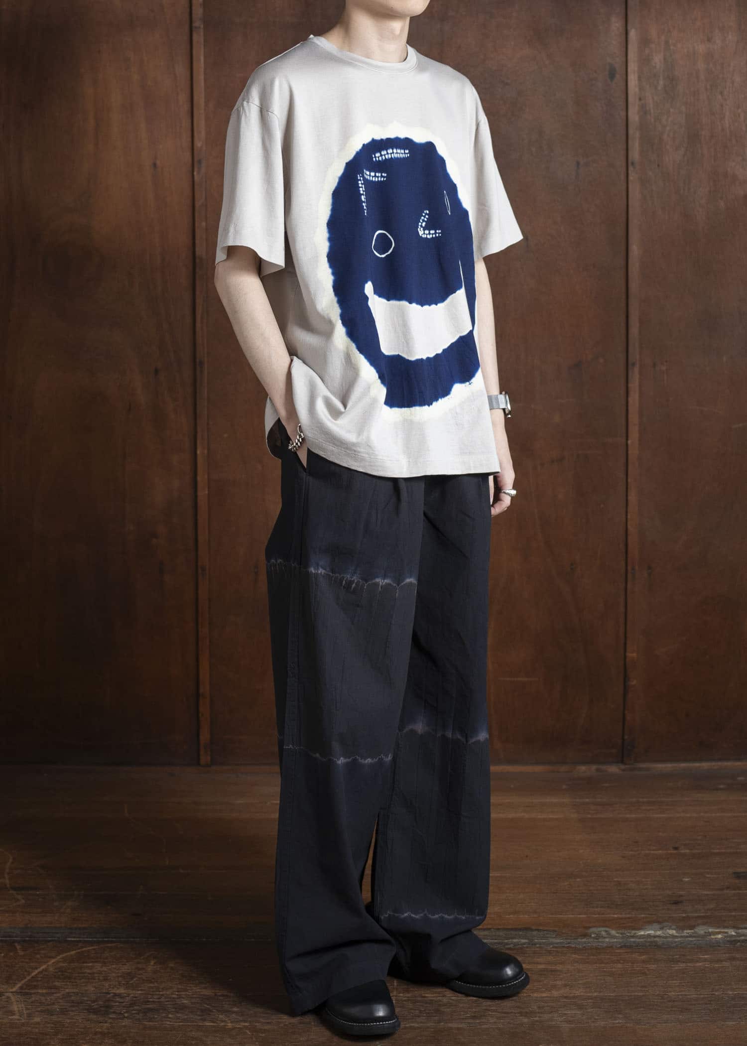 SUZUSAN Cotton Broad Wide Drawstring Pants. Boushi Shibori Block 5045C-317-Black - Black