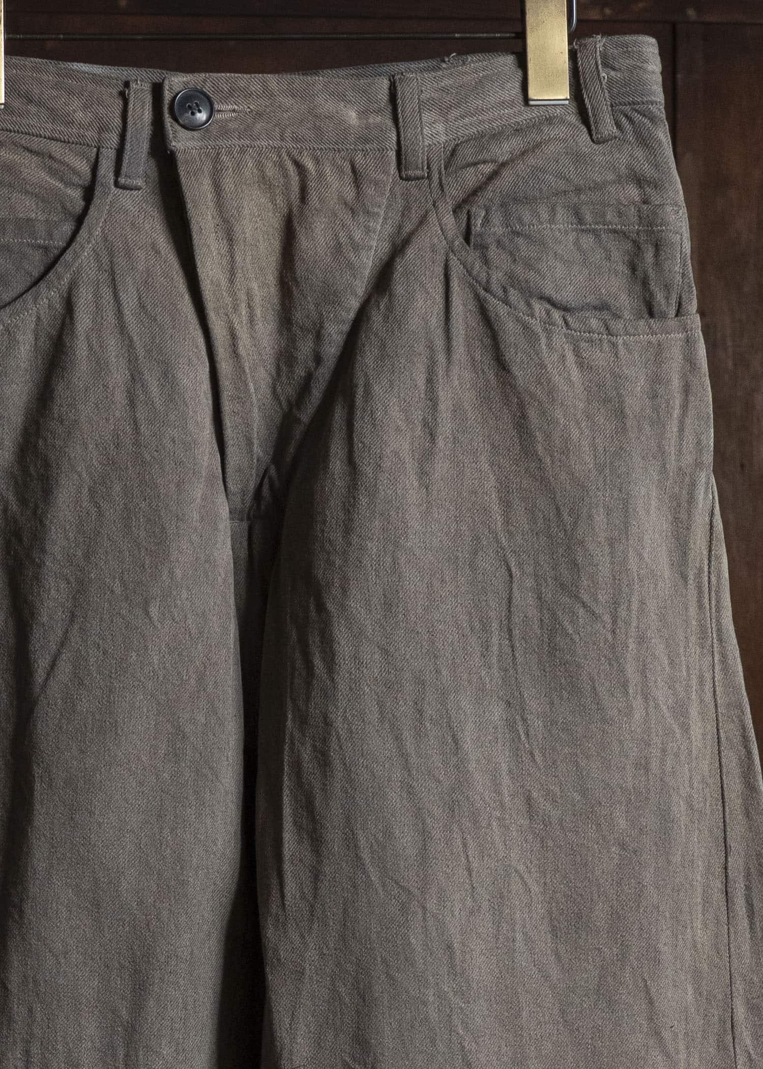 JAN-JAN VAN ESSCHE TROUSERS#90 OVERSIZED 6-POCKET DENIM WITH DRAWSTRING INSIDE Hemp Co Bamboo Twill | Kakishibu X Iron