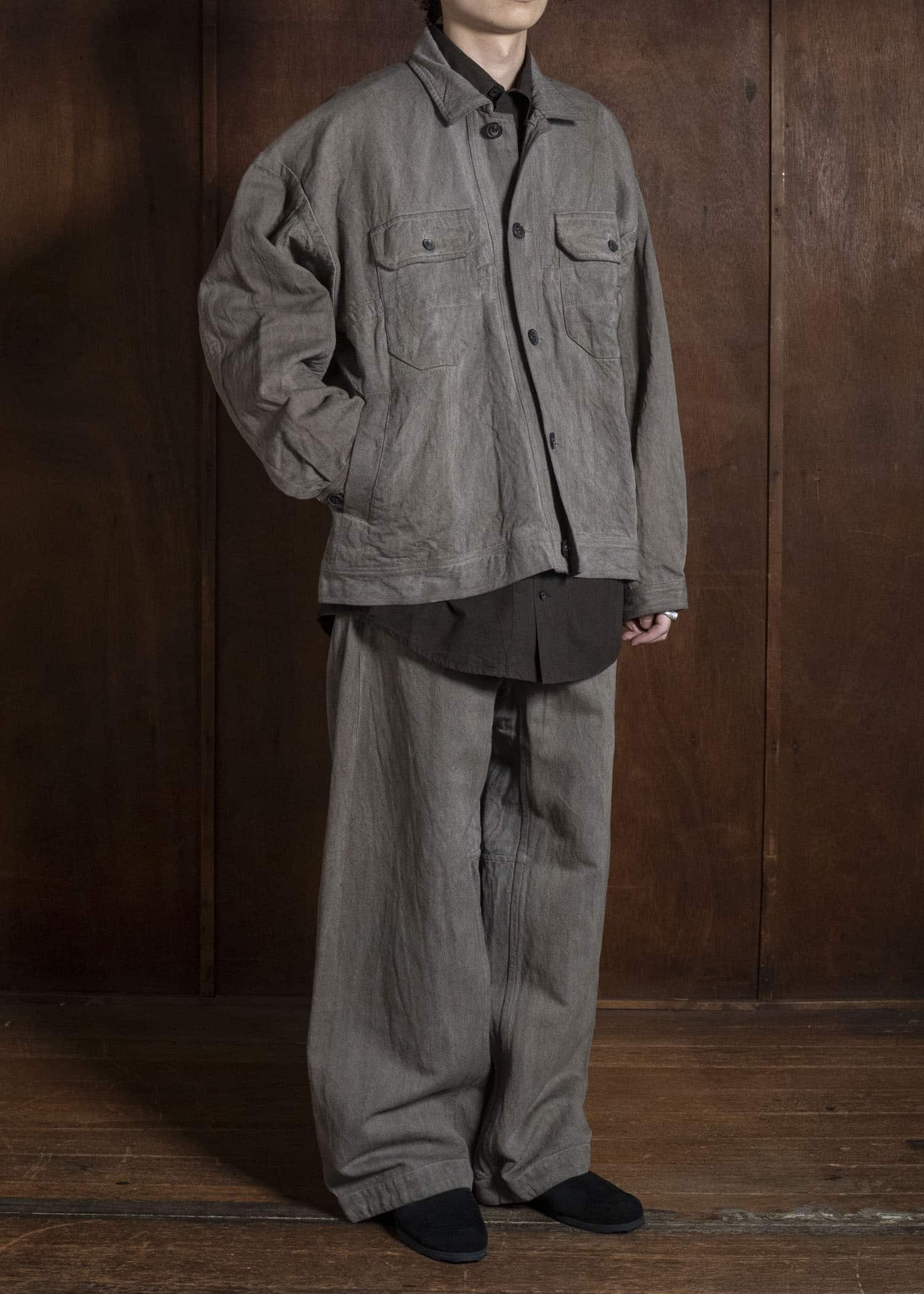 JAN-JAN VAN ESSCHE TROUSERS#90 OVERSIZED 6-POCKET DENIM WITH DRAWSTRING INSIDE Hemp Co Bamboo Twill | Kakishibu X Iron