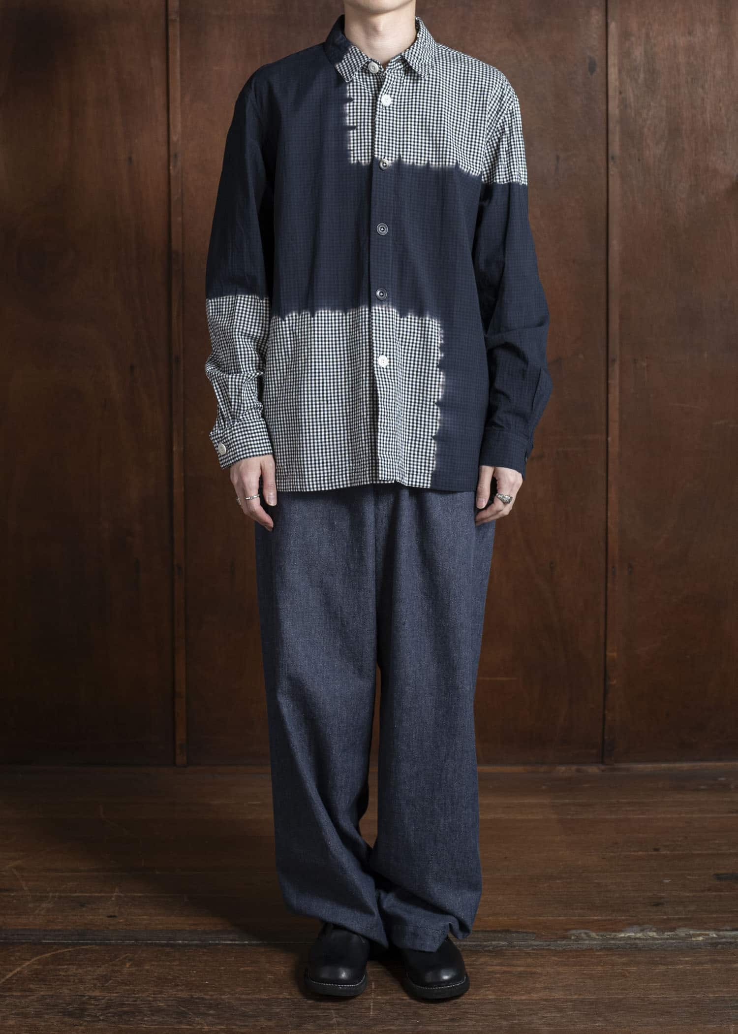 SUZUSAN Cotton Gingham Check Overshirt  Boushi Shibori Block 4063C-317-Black - Black