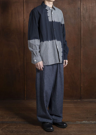 SUZUSAN Cotton Gingham Check Overshirt Boushi Shibori Block 4063C-317-Black - Black