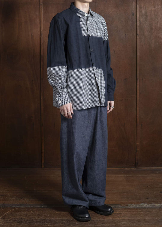 SUZUSAN Cotton Gingham Check Overshirt  Boushi Shibori Block 4063C-317-Black - Black