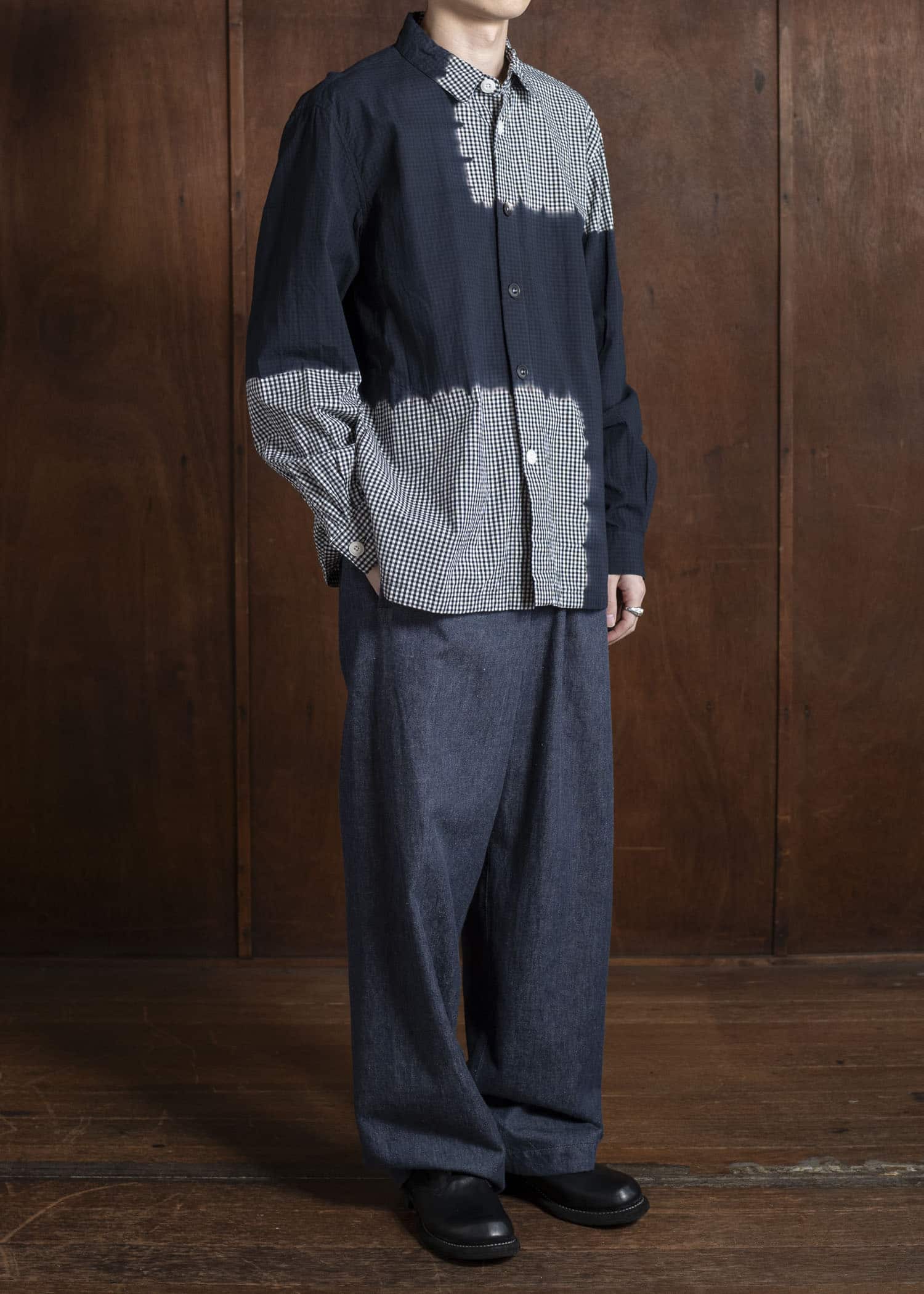 SUZUSAN Cotton Gingham Check Overshirt  Boushi Shibori Block 4063C-317-Black - Black