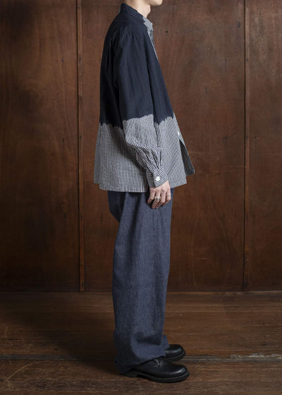 SUZUSAN Cotton Gingham Check Overshirt Boushi Shibori Block 4063C-317-Black - Black