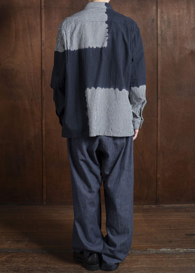 SUZUSAN Cotton Gingham Check Overshirt Boushi Shibori Block 4063C-317-Black - Black