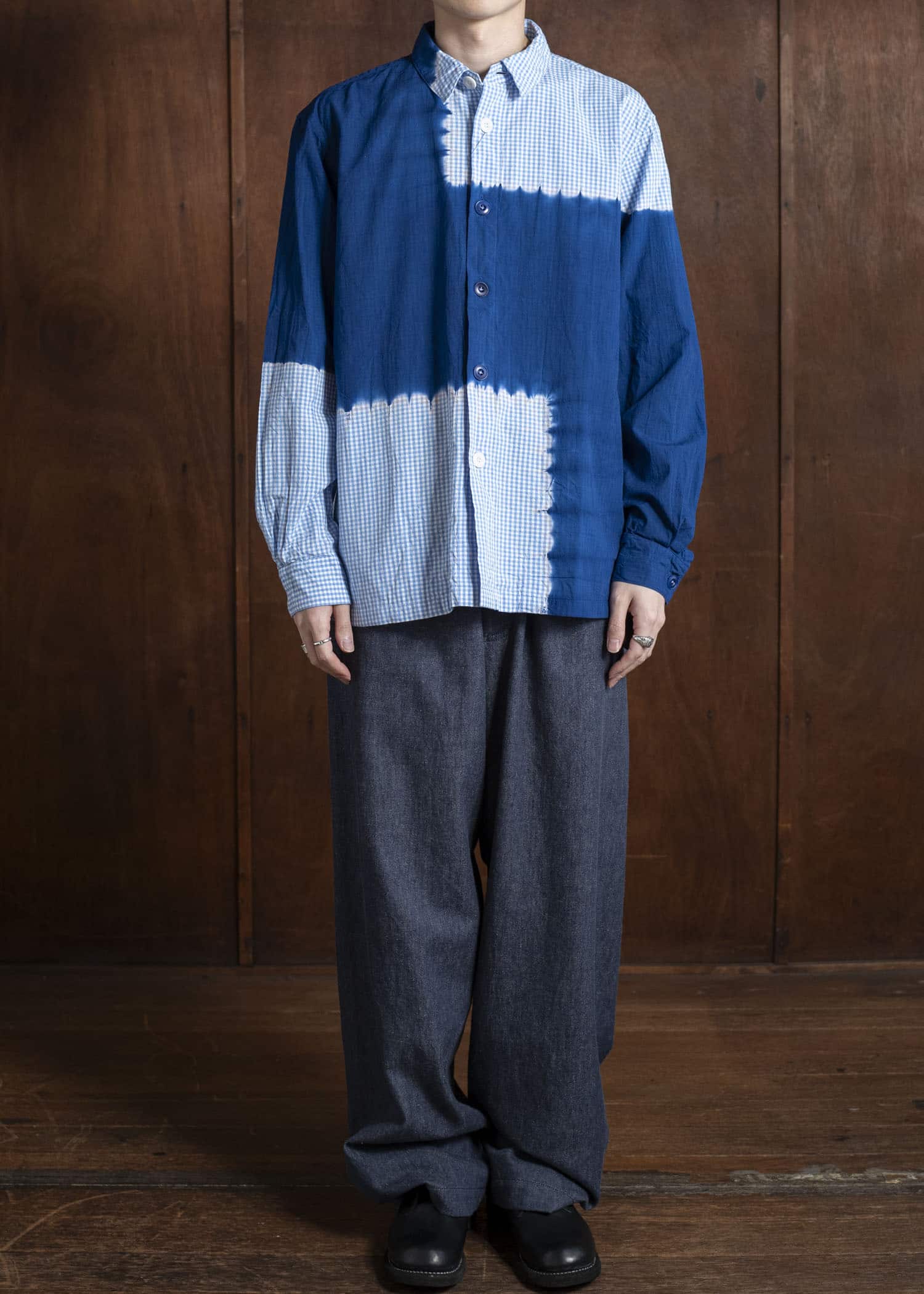 SUZUSAN Cotton Gingham Check Overshirt  Boushi Shibori Block 4063C-317-Dark Blue - Sky Blue