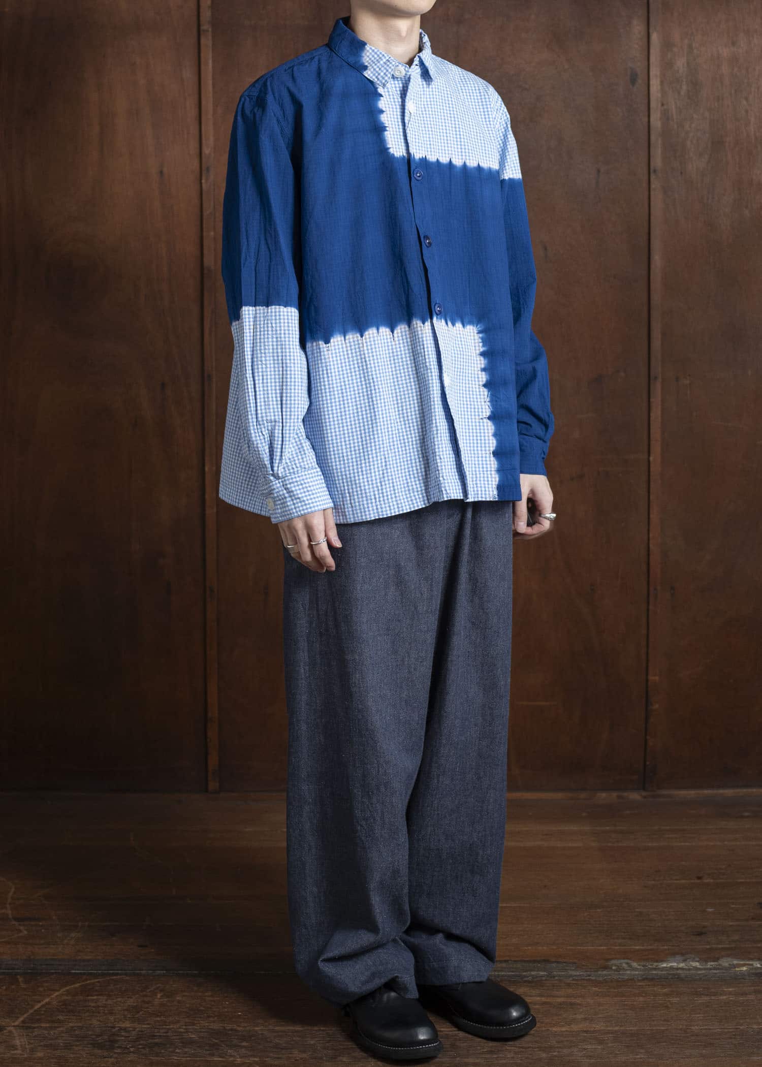 SUZUSAN Cotton Gingham Check Overshirt  Boushi Shibori Block 4063C-317-Dark Blue - Sky Blue