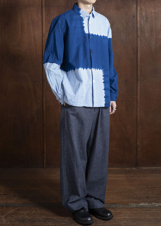 SUZUSAN Cotton Gingham Check Overshirt  Boushi Shibori Block 4063C-317-Dark Blue - Sky Blue
