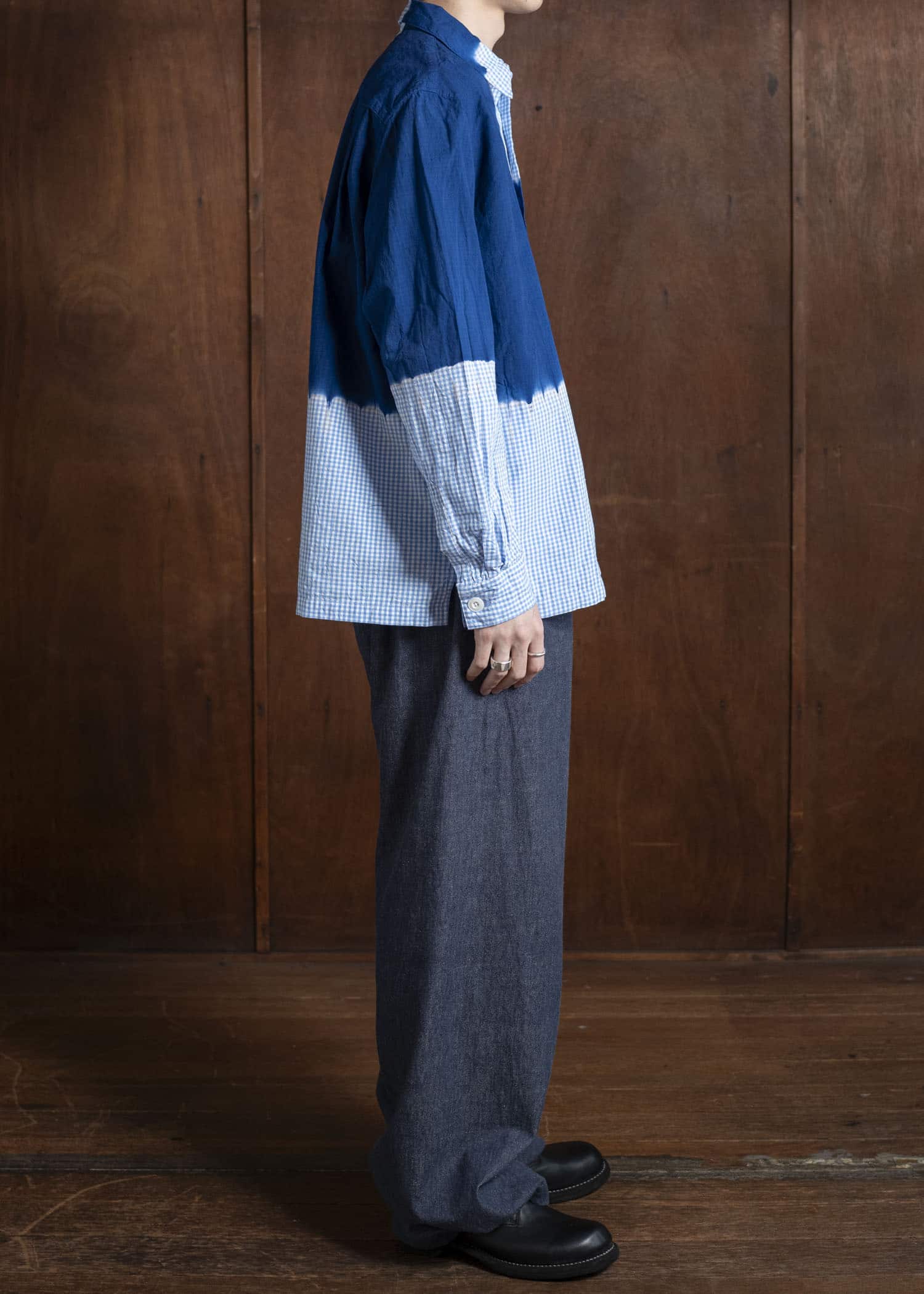 SUZUSAN Cotton Gingham Check Overshirt  Boushi Shibori Block 4063C-317-Dark Blue - Sky Blue