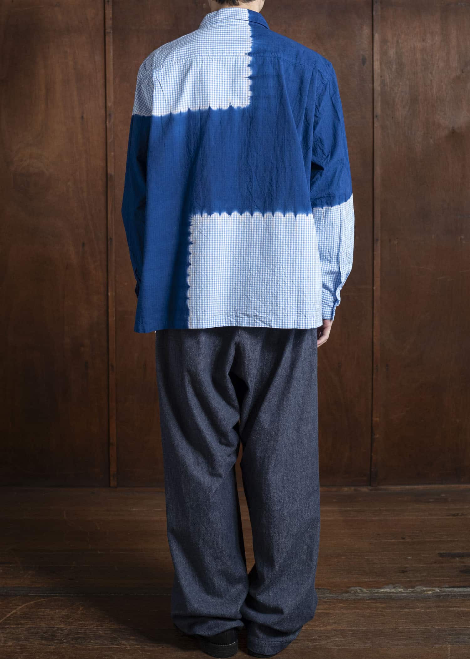 SUZUSAN Cotton Gingham Check Overshirt  Boushi Shibori Block 4063C-317-Dark Blue - Sky Blue