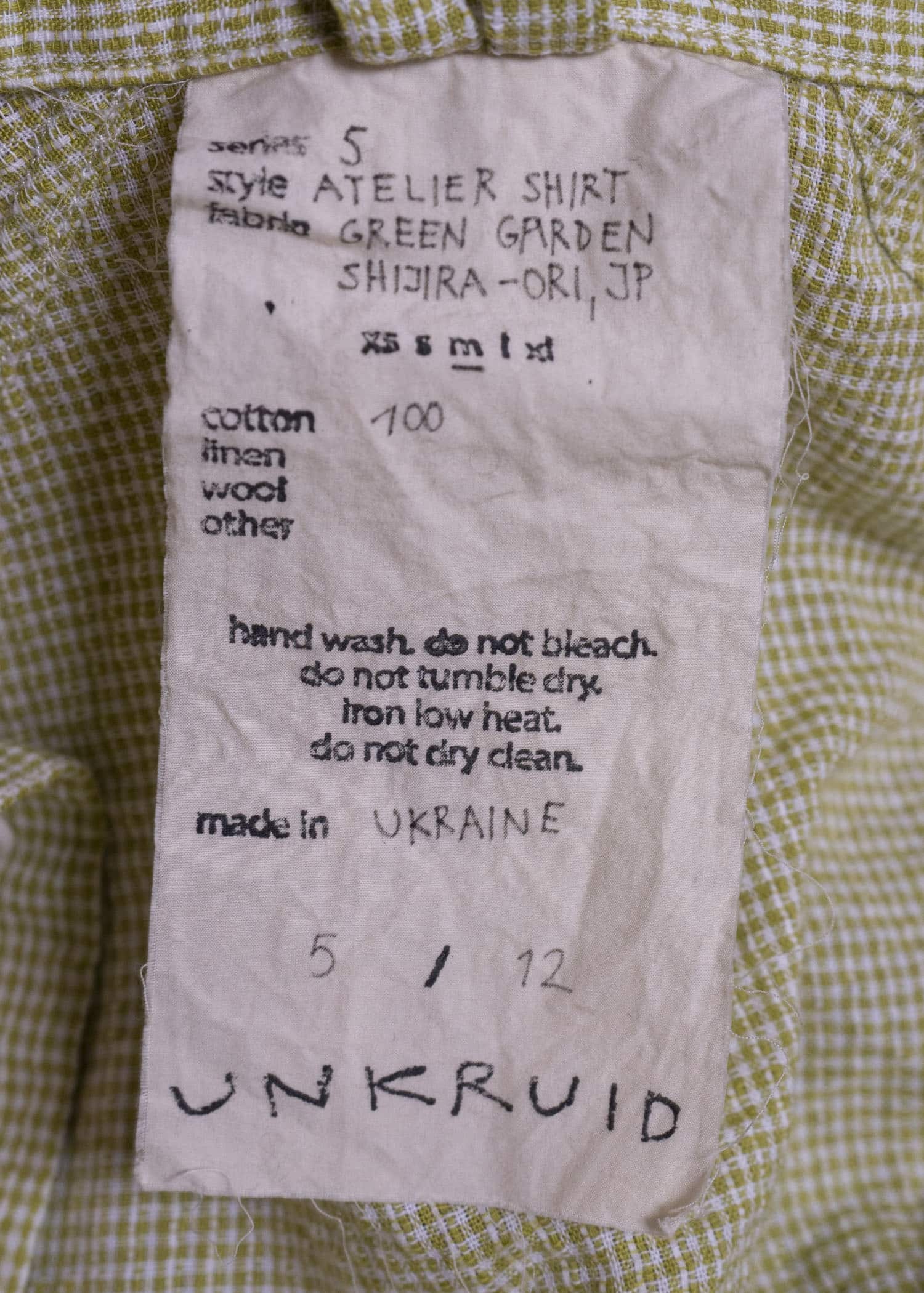 unkruid atelier shirt green garden shijira-ori