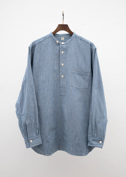 Taiga Takahashi LOT.105 BAND COLLAR SHIRT P/O INDIGO STRIPE