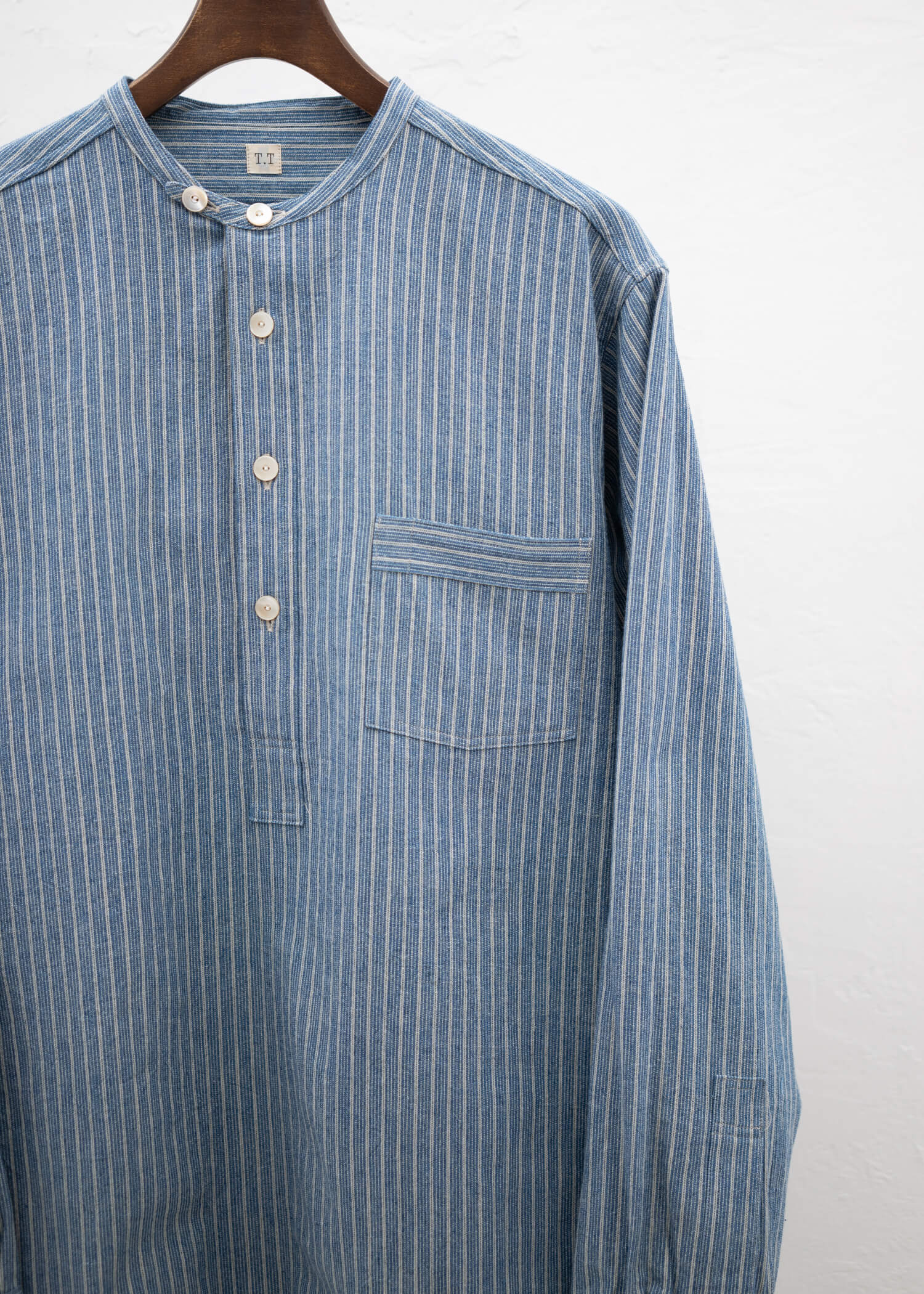 Taiga Takahashi LOT.105 BAND COLLAR SHIRT P/O INDIGO STRIPE