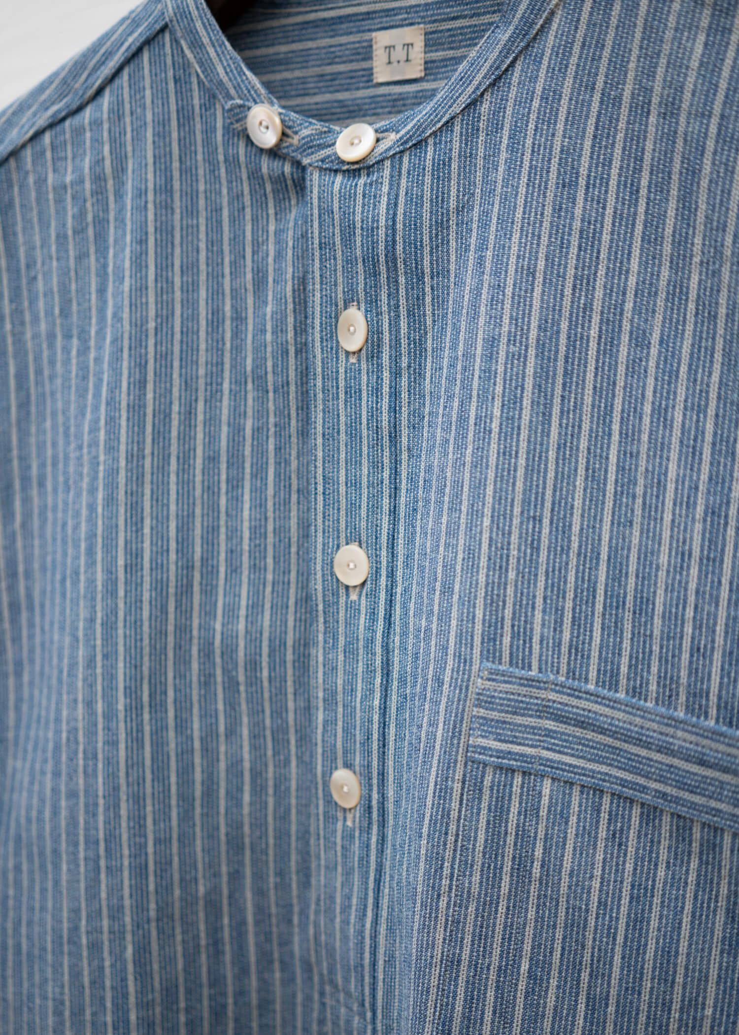 Taiga Takahashi LOT.105 BAND COLLAR SHIRT P/O INDIGO STRIPE