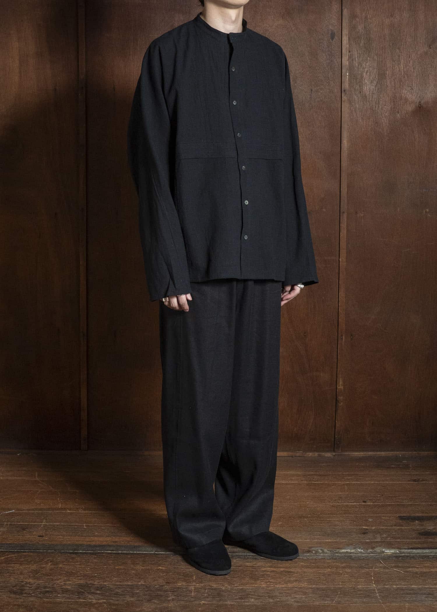 shi shi 25F1S1BK SASHIKO-wide shirt BLACK