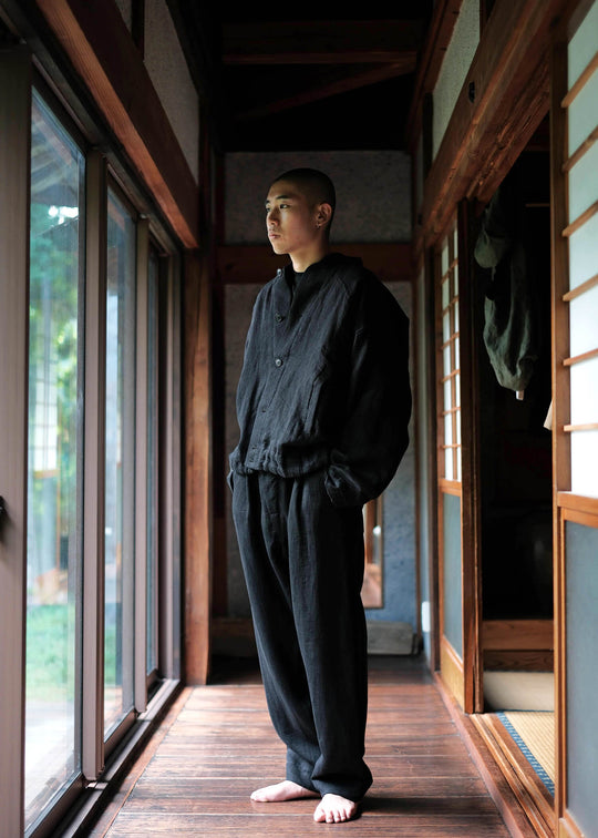 JAN-JAN VAN ESSCHE TROUSERS#68 SINGLE PLEATED TROUSERS BLACK RIDGED LINEN