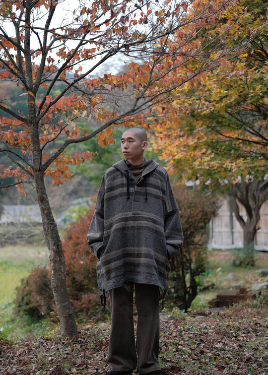 JAN-JAN VAN ESSCHE ”JACKET#54" OVERSIZED HOODED PULLOVER JACKET BOLD STRIPED WOOL COTTON