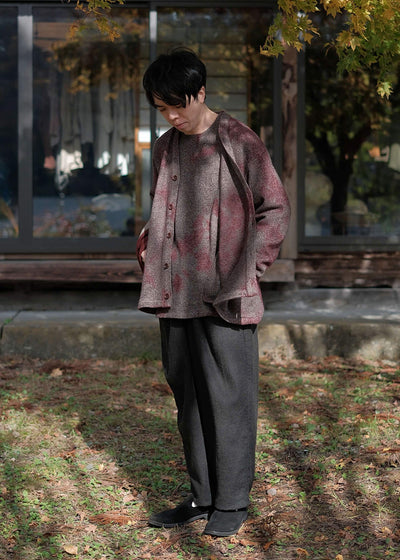 SUZUSAN Wool Cotton Jersey Cardi gan(Madara Shibori) Crimson - Muddy Brown