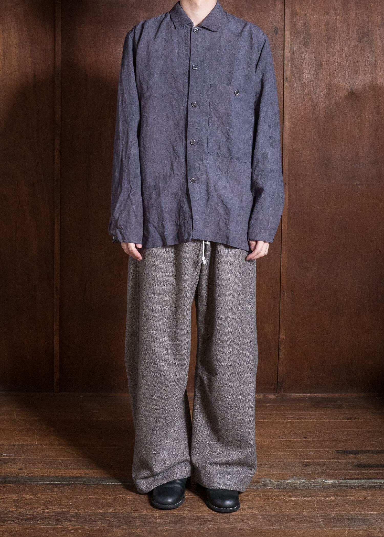 OLIVER CHURCH Over Shirt Hand-dyed / Anthracite Antique French Linen for kune M Size