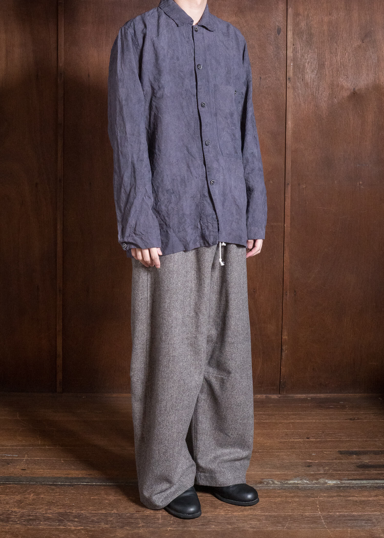 OLIVER CHURCH Over Shirt Hand-dyed / Anthracite Antique French Linen for kune M Size