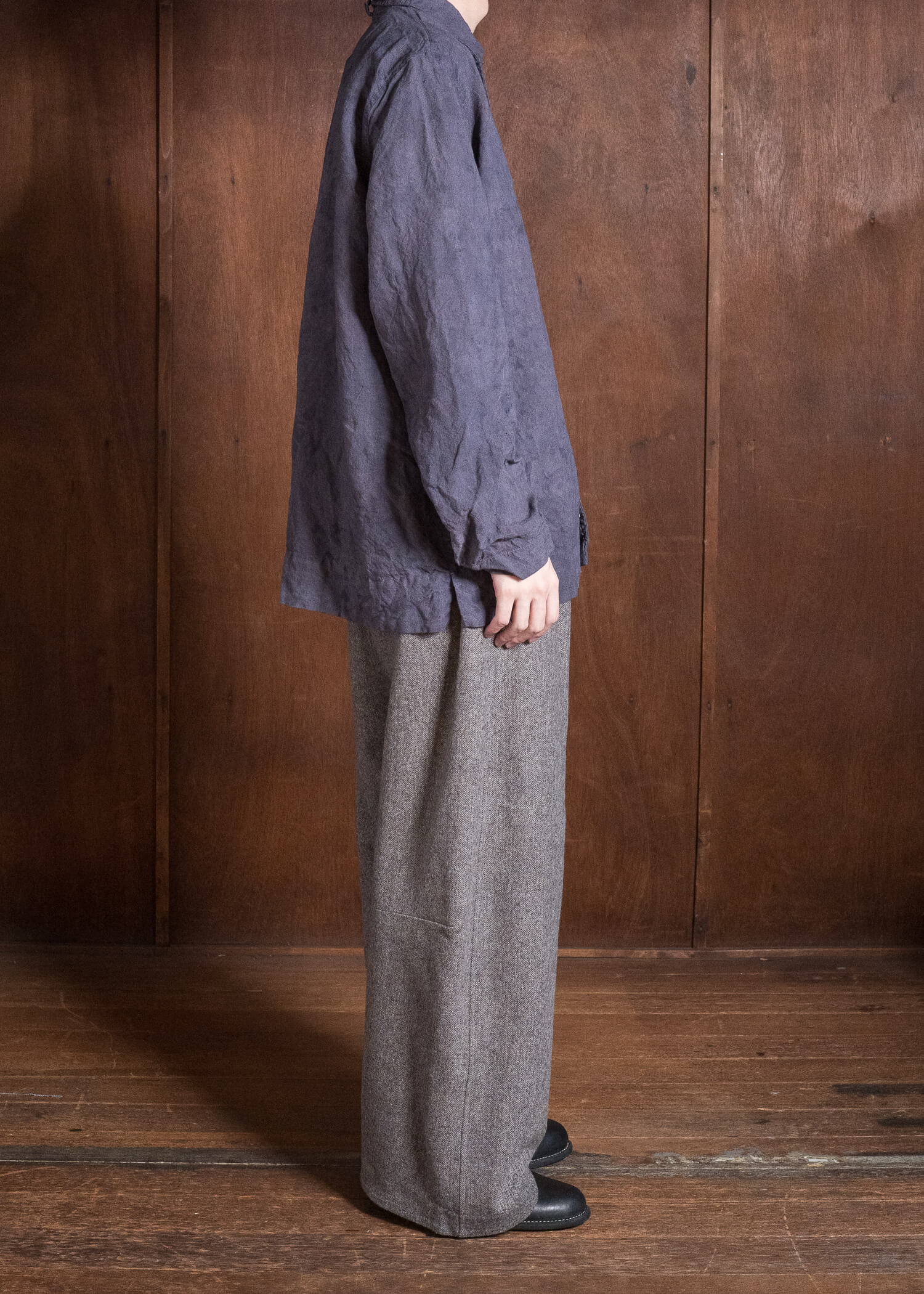 OLIVER CHURCH Over Shirt Hand-dyed / Anthracite Antique French Linen for kune M Size