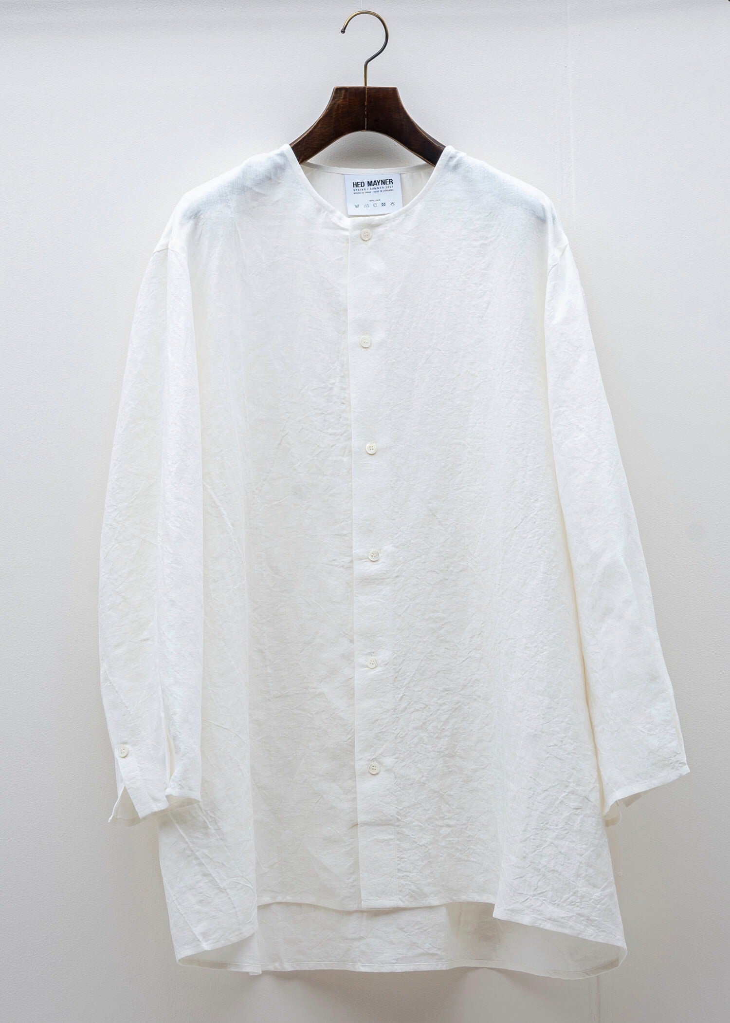HED MAYNER / COLLARLESS BUTTON SHIRT / WHITE LINEN