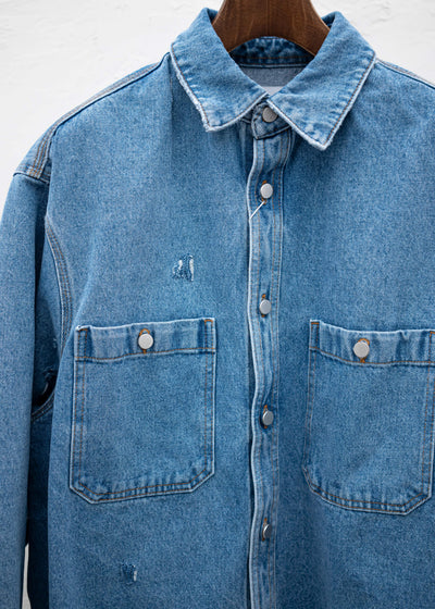 HED MAYNER DESTROYED DENIM SHIRT BLUE
