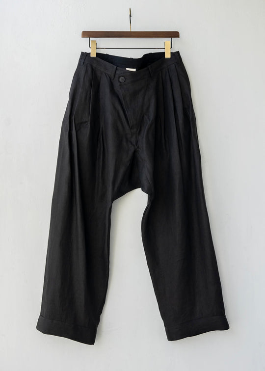JAN-JAN VAN ESSCHE / "TROUSERS#55" LOOSE FIT,PLEATED TROUSERS / BLACK / HEMP TWILL