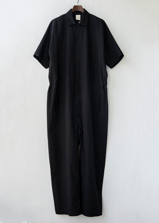 JAN-JAN VAN ESSCHE / "JUMPSUIT#9" SHORT SLEEVE JUMPSUIT / BLACK / DENSE TWILL