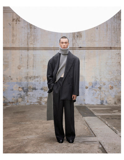 HED MAYNER DROPPED BACK DOUBLE BREASTED JACKET / GREY FLANNEL