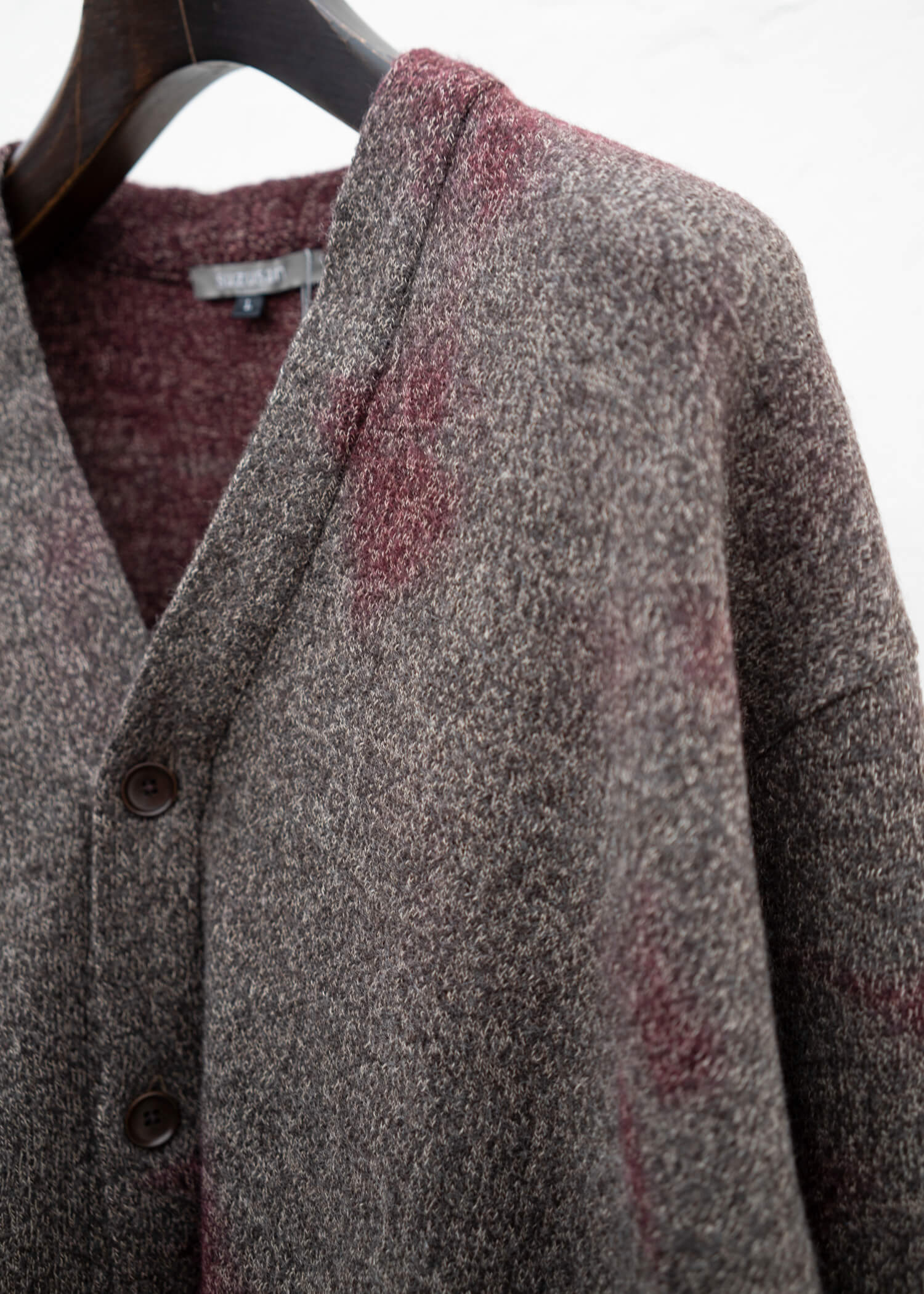 SUZUSAN Wool Cotton Jersey Cardi gan(Madara Shibori) Crimson - Muddy Brown