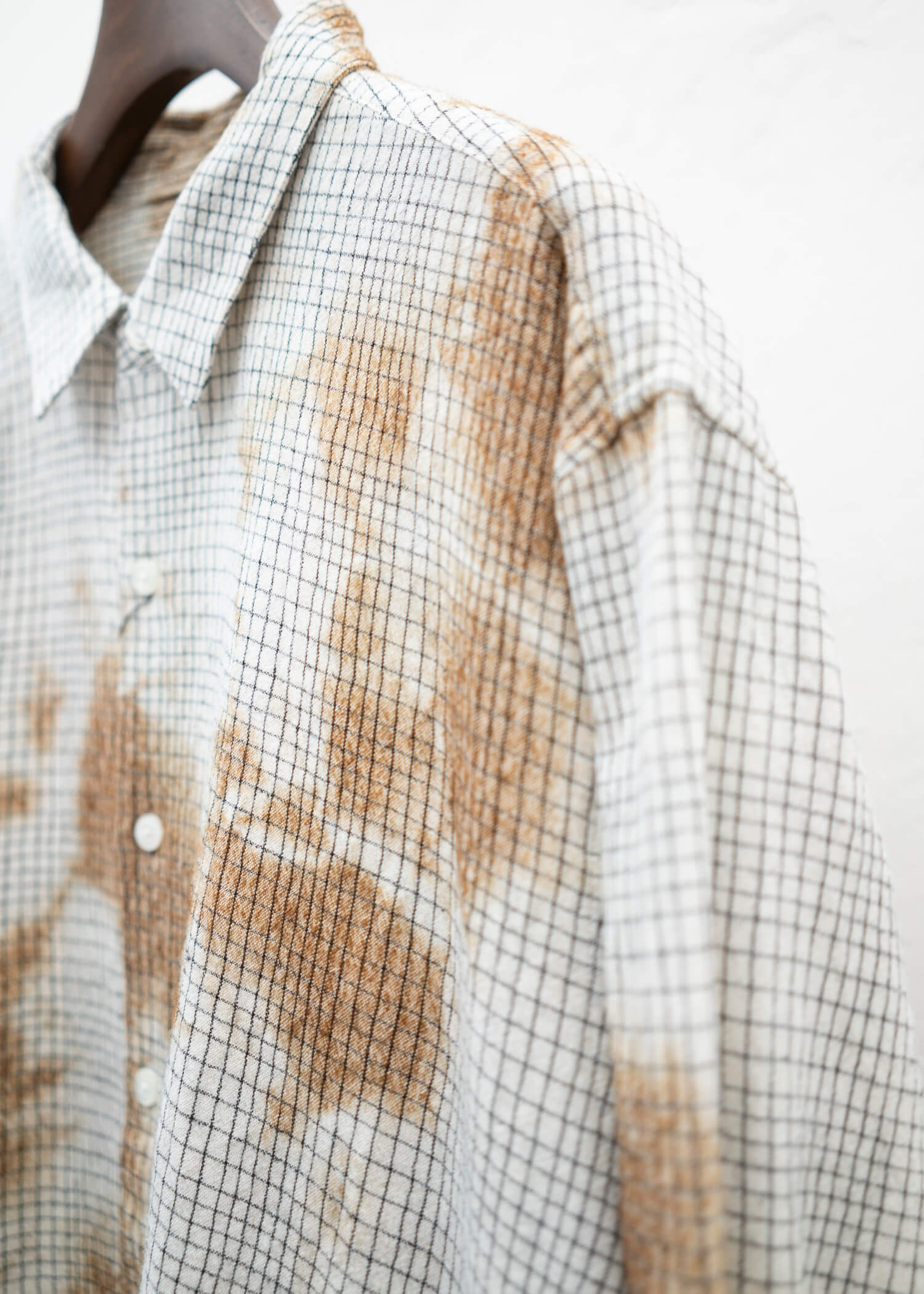 SUZUSAN Wool Cotton Linen Pencil Check Shirt(Madara Shibori) Brown - Natural White,