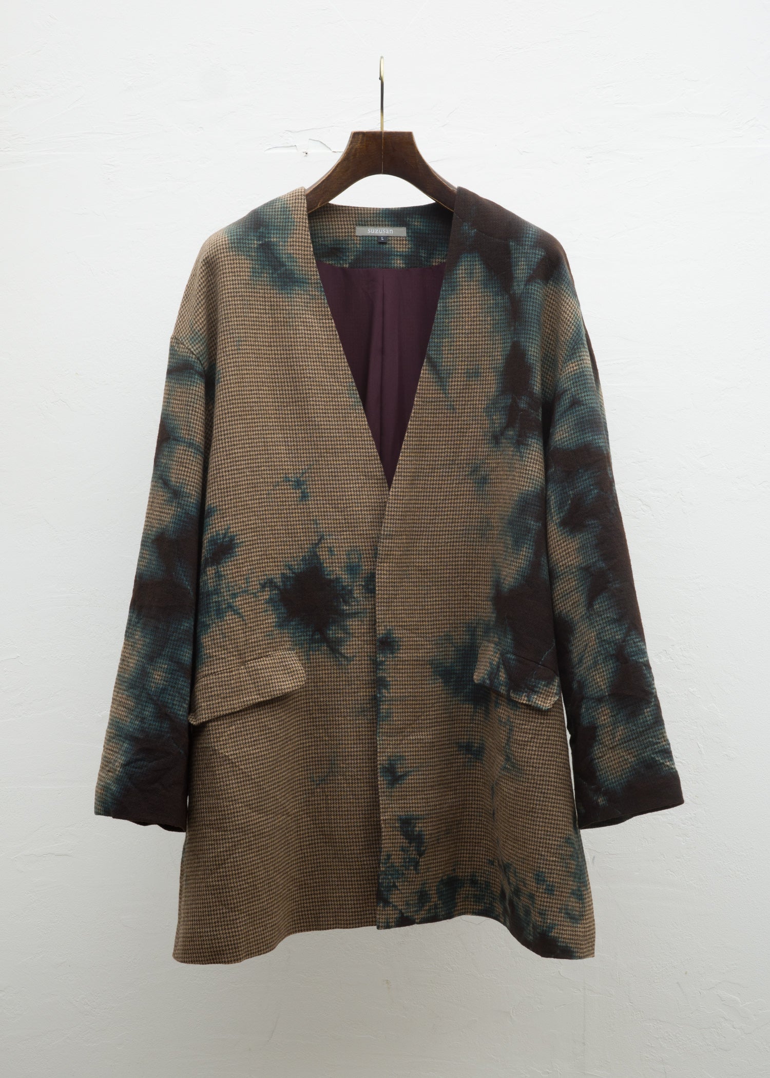 SUZUSAN Merino Wool Houndstooth Collarless Coat